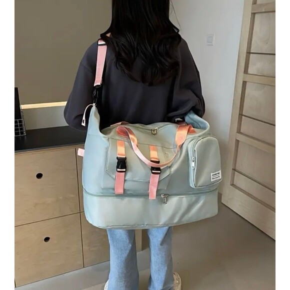 Sage Green and Pink Large Travel Duffel Bag w/ Adjustable strap Shoe Compartment - Picture 2 of 5